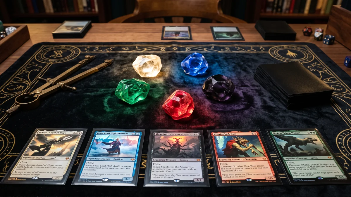 Tournament judge desk with open MTG Comprehensive Rules manual and calibration telemetry notes